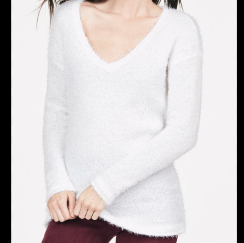 NWOT, Soft Fluffy Fuzzy, Solid White, Long Sleeve, V-neck, Sweater